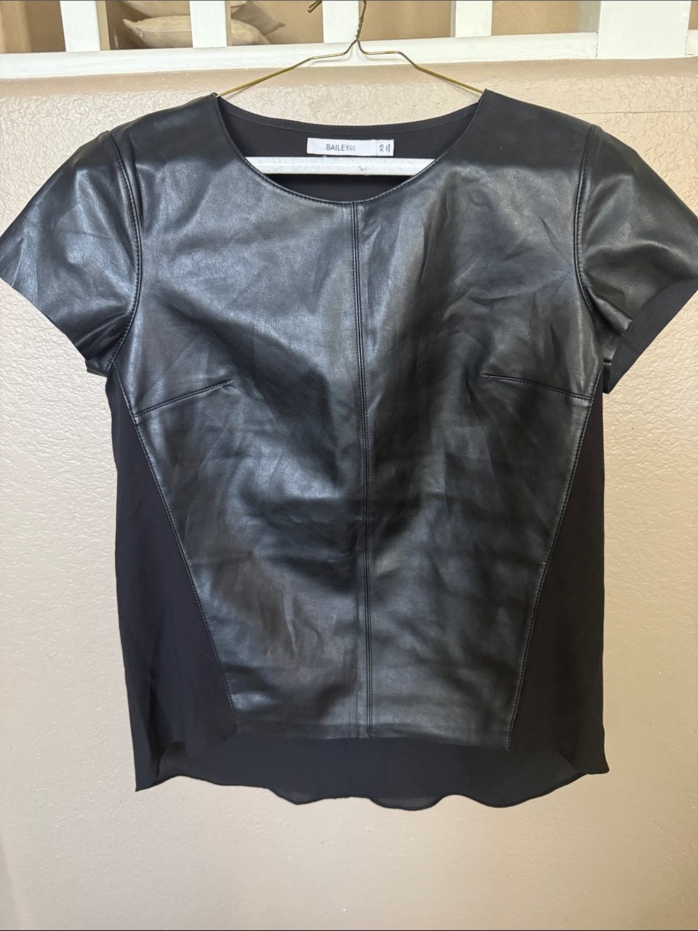 Bailey 44 Black Faux Leather Front Short-Sleeve Top
